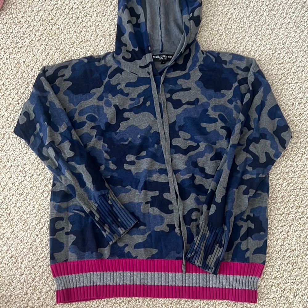 Blue and gray camo hoodie sweater with hot pink and silver trim